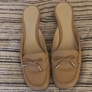 Etienne Aigner Tan Mules with Bow Accent